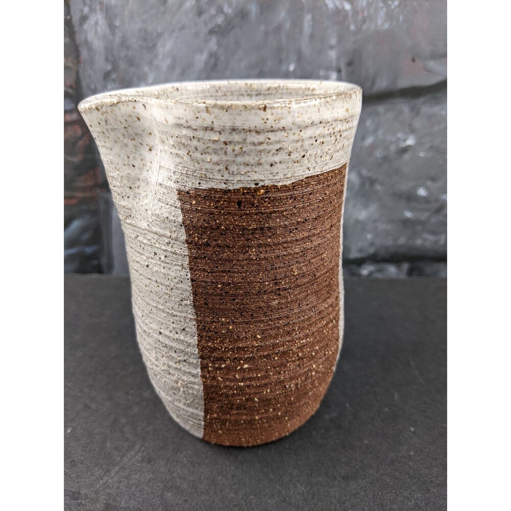 Creamer Studio Art Pottery Signed Margis Brown Stripe Handleless 5"Boho Woodsy